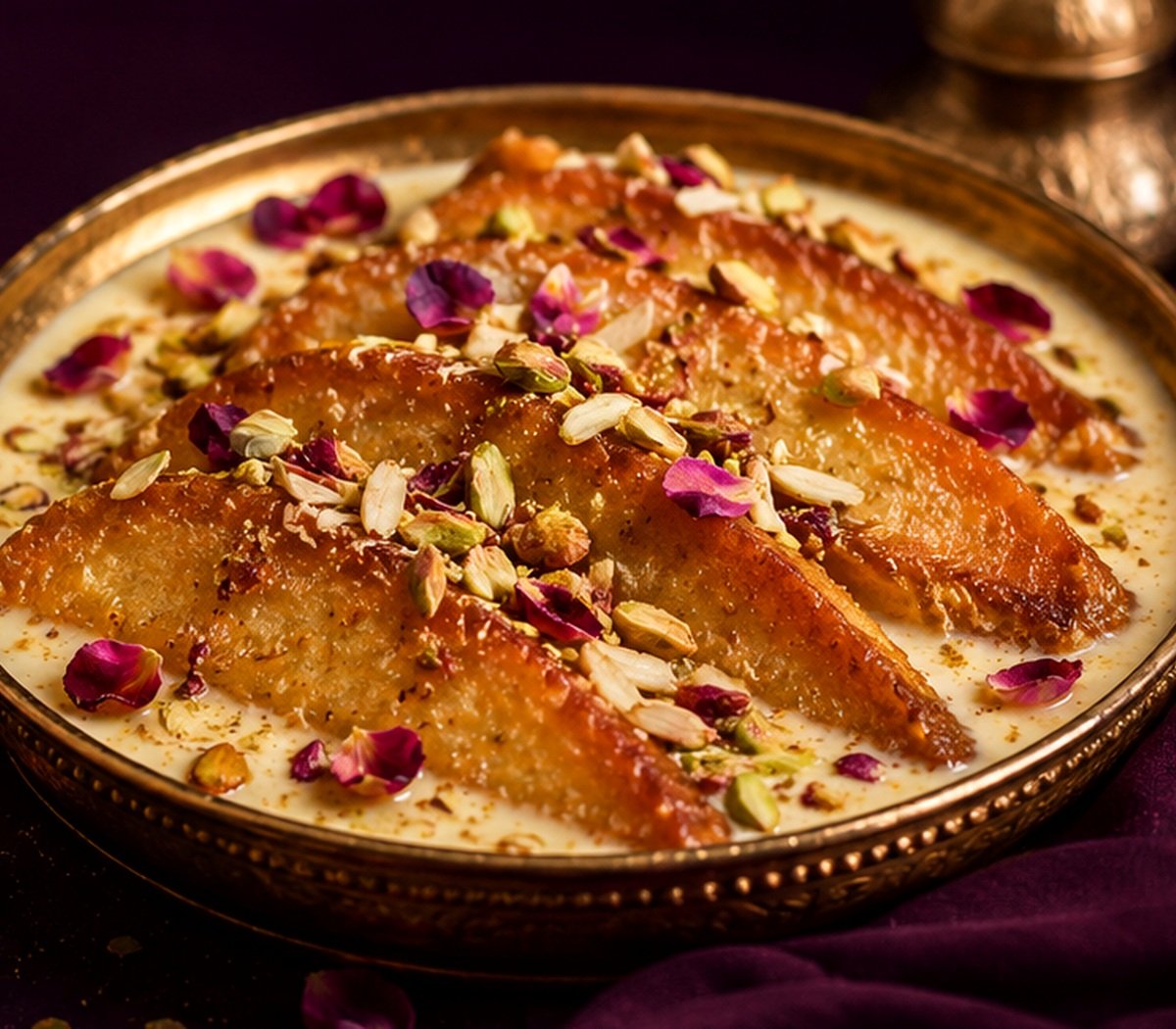 Shahi Tukray in saffron rabri with pistachio and rose petals